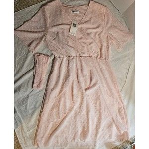 ECOWISH Women Large V Neck Short Sleeve Polka Dot Pattern A-Line Dress pink